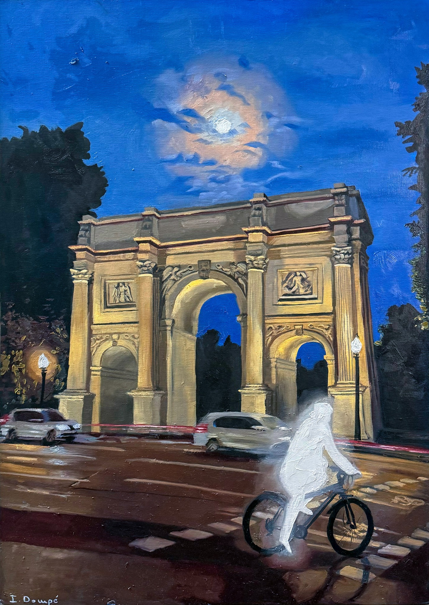 Blur of Central London, a night painting of Marble Arch and a blurred cyclist