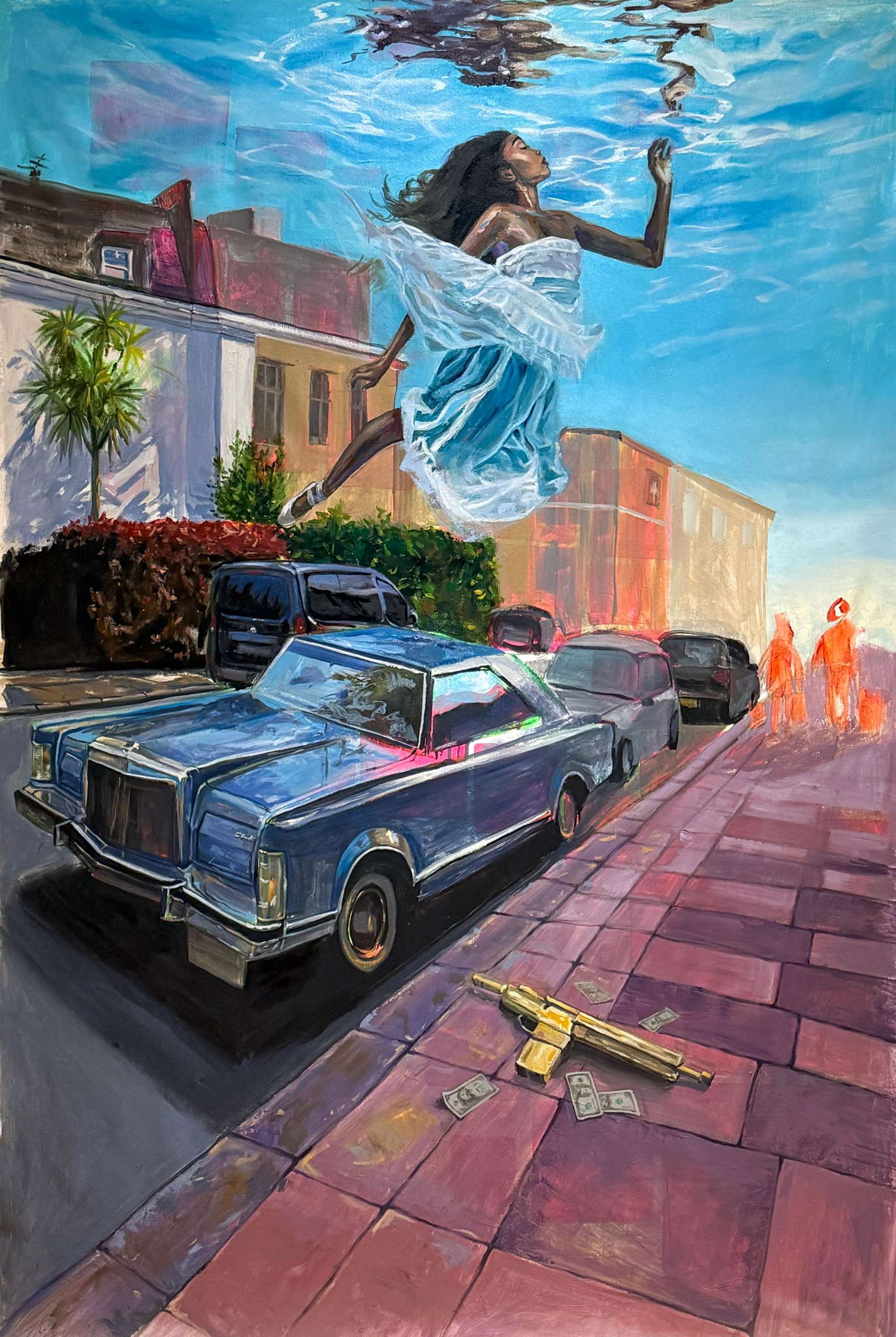 Her Underworld, a tall surreal painting of a submerged street, blue vintage car and floating woman
