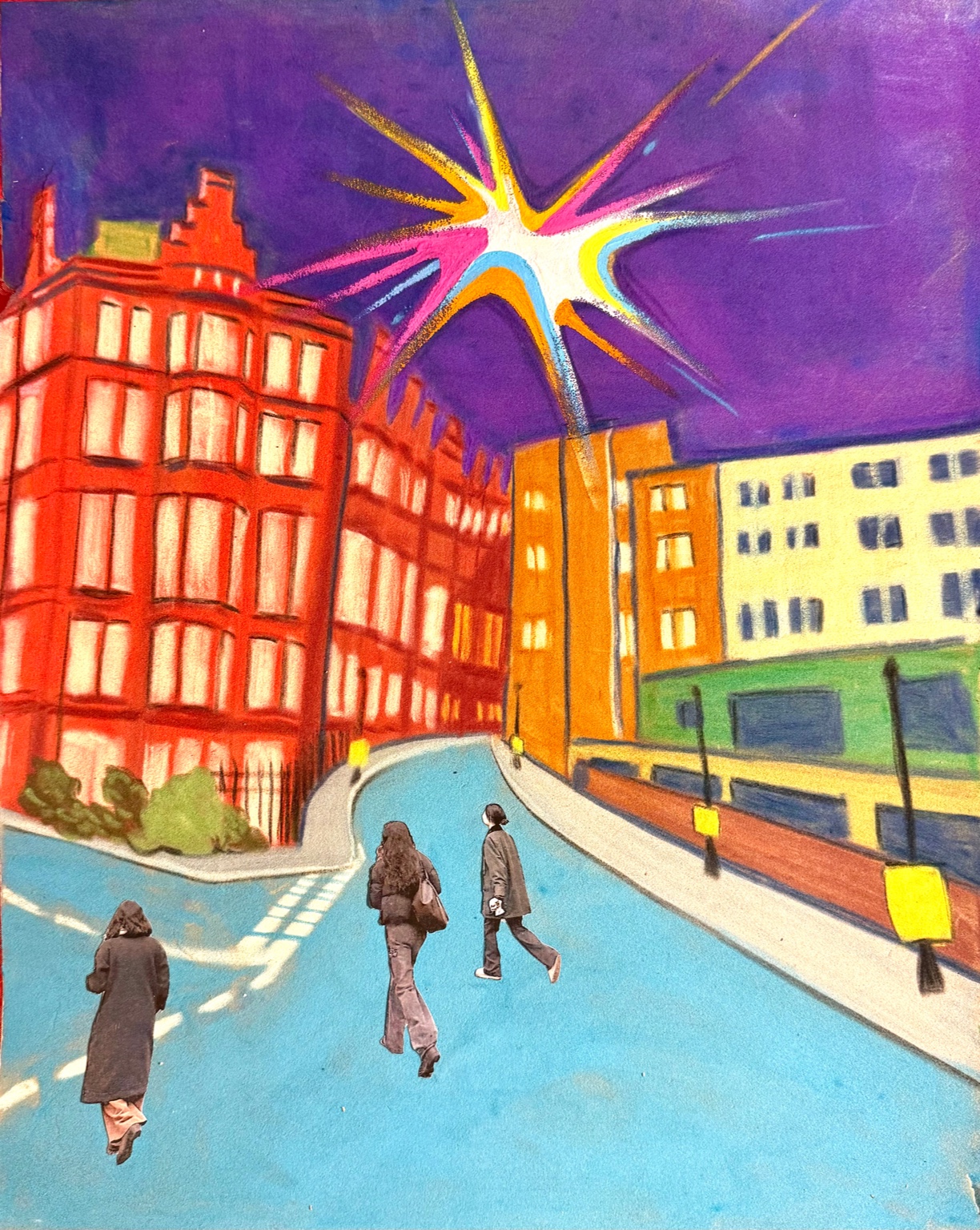 Kensington Walk, a vivid pastel streetscape with three walking figures beneath a radiating light