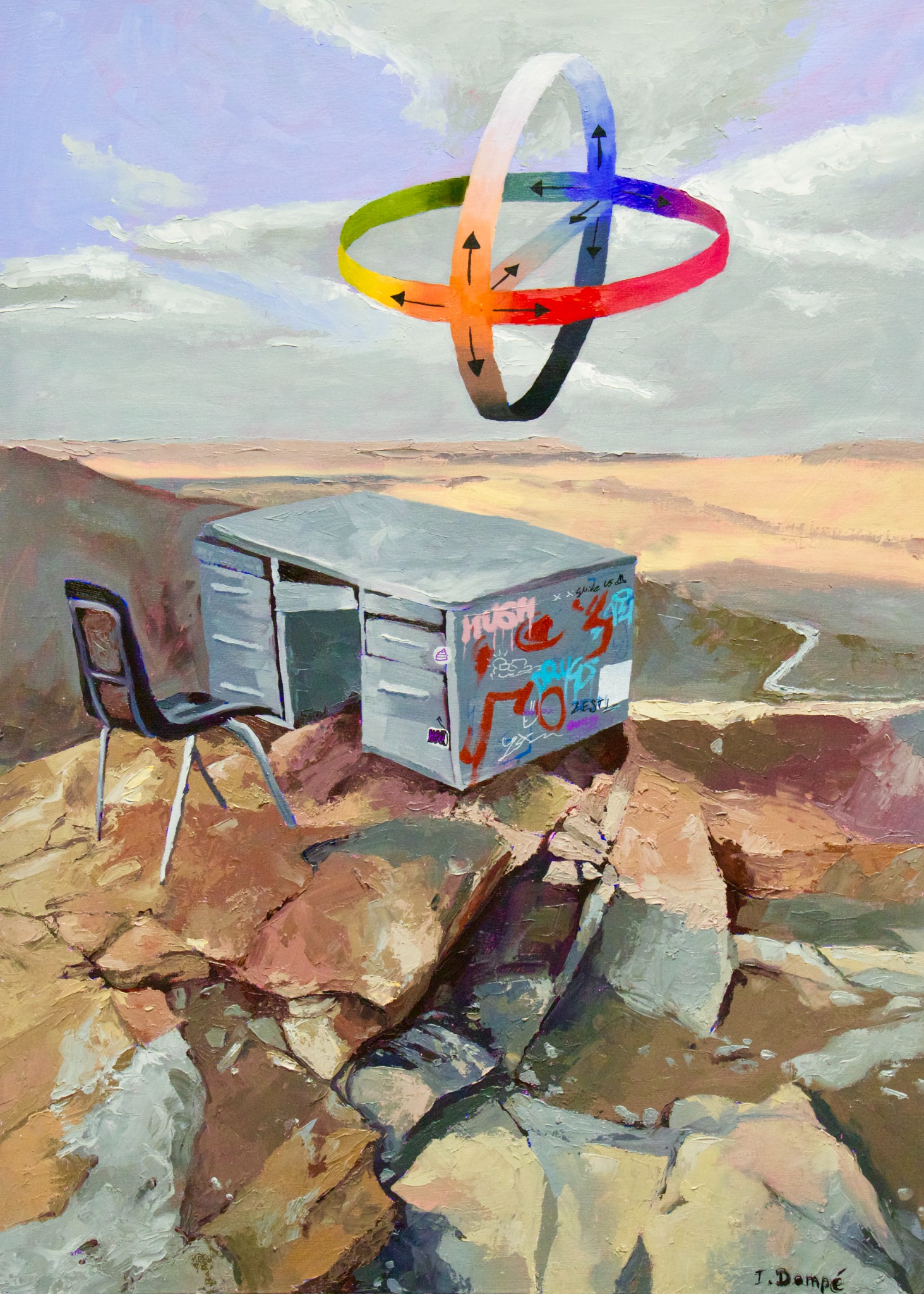Looking Over the Holorizon, a surreal landscape with a graffitied cabinet and looping directional form