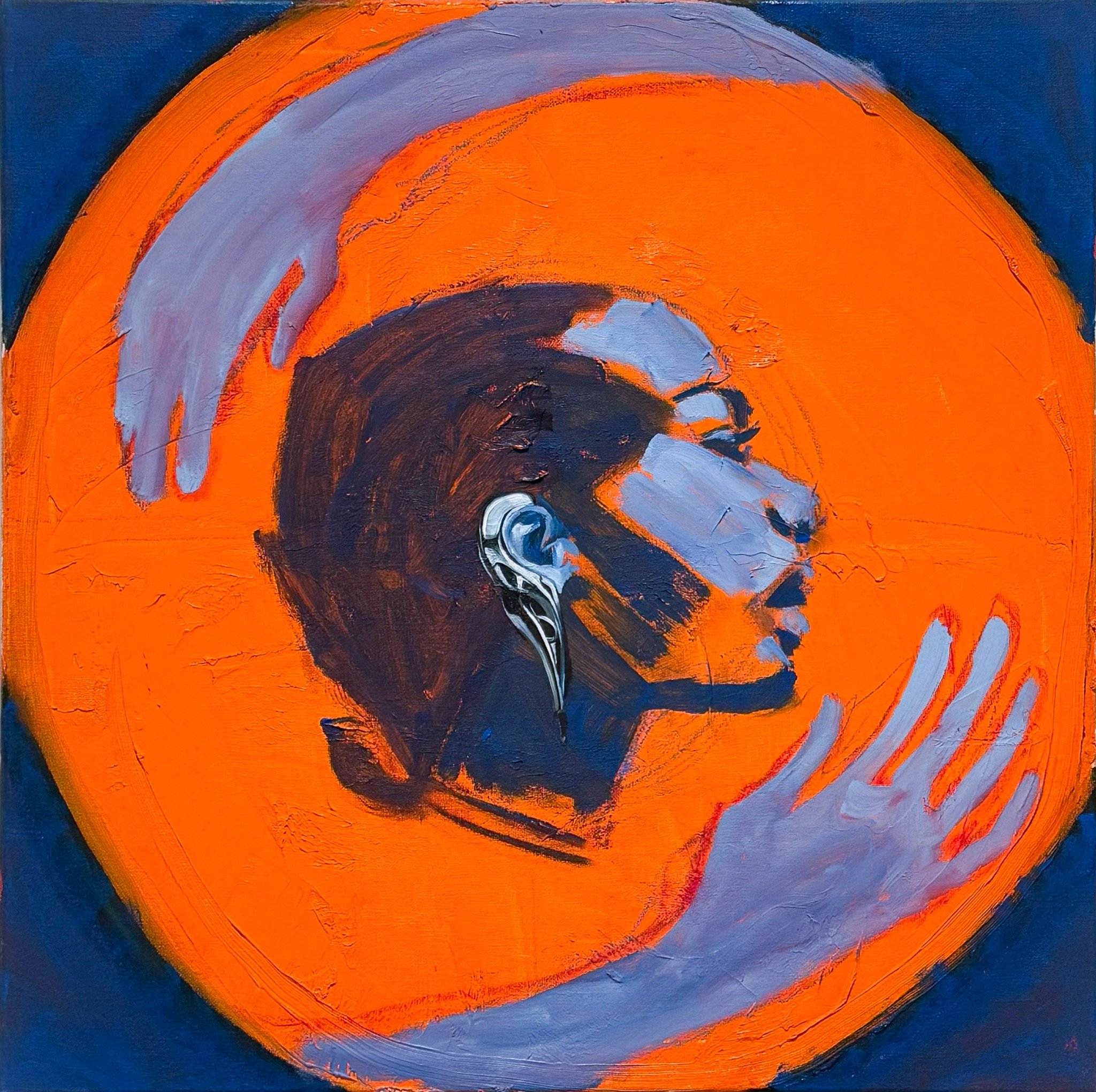 Signal Signal, an orange and blue painting of a profile surrounded by reaching hands