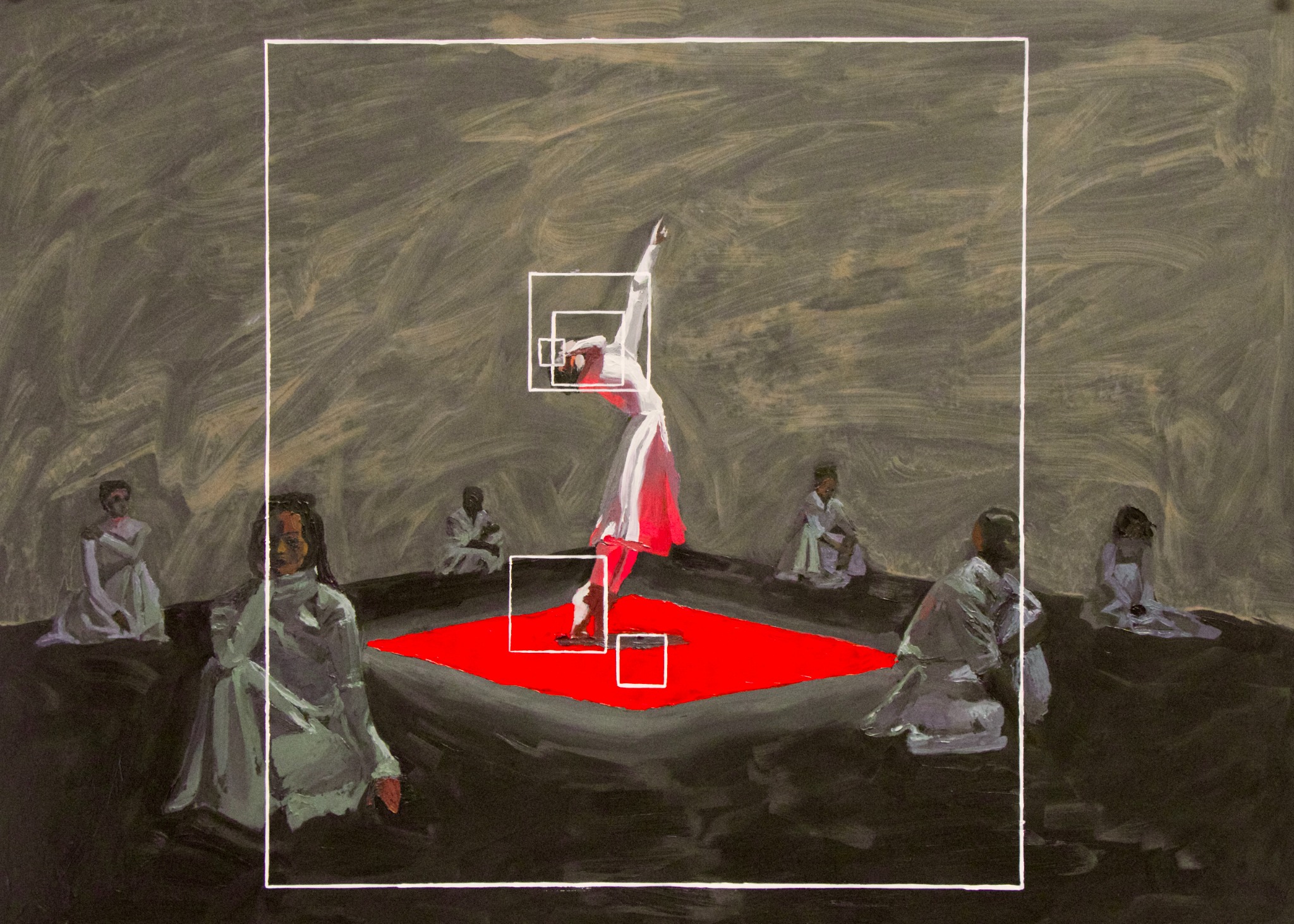 The Synthetic Gaze, a dark painting of dancers overlaid with white computer-vision tracking boxes